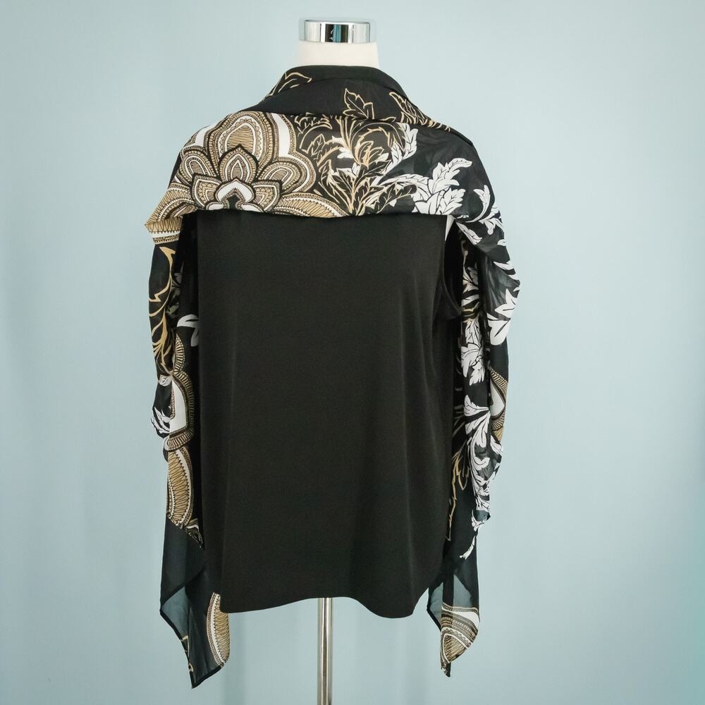 Chico's 3 Size XL Black Paisley Print Crew Scoop Neck Overlay Poncho Top Blouse - Picture 3 of 10